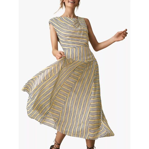 REISS Raya Yellow White Striped Asymmetrical Maxi Sun Dress Size 2 - Picture 1 of 10